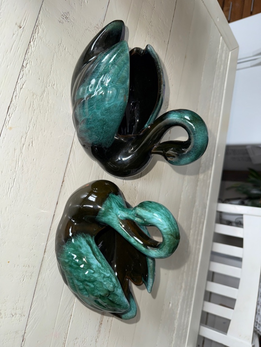 Blue Mountain Pottery, Pair of Swan, BMP Black/Green Drip Glaze, MCM made in CA
